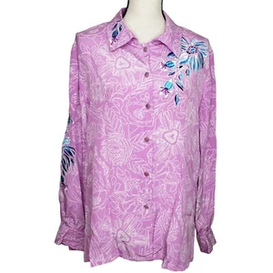 Bob Mackie Wearable Art Top Large L/S Button Up Purple Floral Embroidered Blouse - Picture 1 of 7
