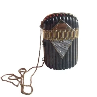 Alça de corrente de embreagem dura vintage Sasha dourada/marrom 2 tons enfeitada - Imagem 1 de 4