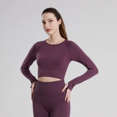 Yoga Crop Top Women T Shirts Long TShirts Spring Tops Basic Casual Sports Wear - Image 1 of 4