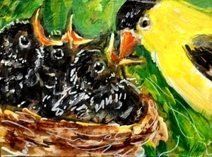 ORIGINAL ACEO GEMÄLDE Amerikanischer GOLDFINK gelber VOGEL Frühling NEST Natur KUNST - Bild 1 von 1
