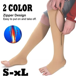 Zip Up Compression Socks High Leg Support Knee Slimming Stocking Open Toe Unisex - Picture 1 of 12