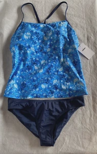 NIKE SWIM 2 Pc Size XL Blue White Geo Tankini / Dk Blue Bikini Swimsuit Womens - Picture 1 of 9