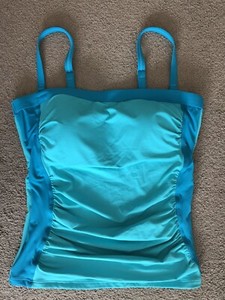 Lands End Tankini Top Molded Cups Tummy Control Ruched Colorblock Aqua Blue 10