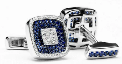 Gemelos de plata de ley 925 para hombre con circonita cúbica corte princesa de 1,5 quilates y zafiro redondo Foto 1 de 4