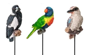 Set of 3 Australian Native Bird Garden Stake Ornament Magpie Parrot & Kookaburra - Picture 1 of 4