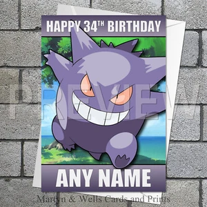 Pokemon Gengar birthday card. 5x7 inches. Personalised, plus envelope. - Picture 1 of 6