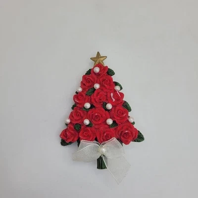 Red Rose Christmas Tree Pin Brooch w White Pearls Accents and Green Leaves - Image 1 of 4