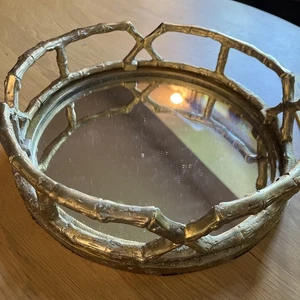 11” Round Mirrored Vanity Gold Metal Bamboo Mirror Decorative Tray - Picture 1 of 4