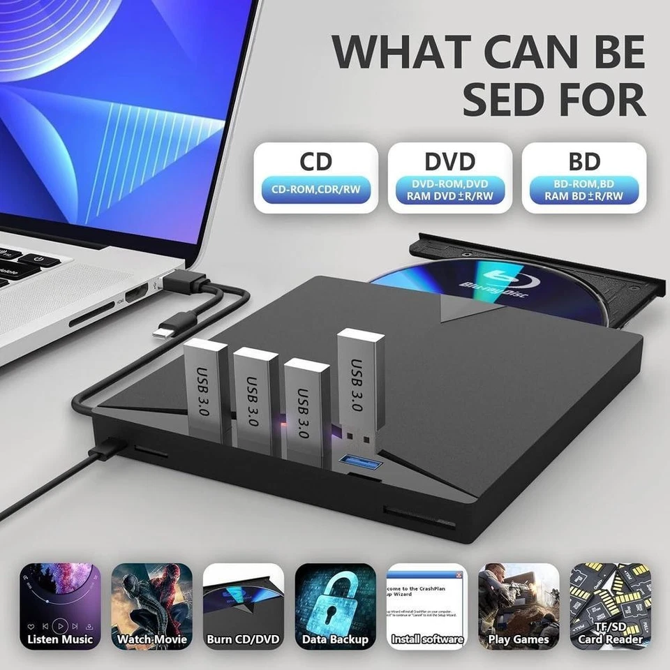 External USB 3.0 Type-C Blu-ray Drive for CD DVD  Read/Write - Image 1 of 4