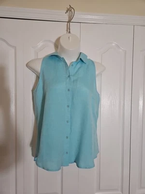 Boston Proper Linen Blend Collared Tank Women's Size Large Teal Fabric Button Up - Image 1 of 4