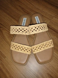 Steve Madden womens Dutchess Raffia Crochet Slip-On Sandals Tan size 9 - Picture 1 of 7
