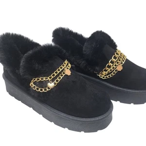 Flauschige schwarze Wildleder Plateau Hausschuhe Gold Kette Akzente Größe 12 süß - Bild 1 von 8