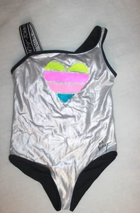 Betsey Johnson Silver One Piece Swimsuit Reverse Sequins Heart Girls Size L 12 - Picture 1 of 5