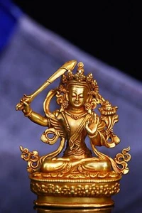 9 cm Tibet Red copper Gild Bodhisattva Manjusri Statue Brass Buddha Statue - Picture 1 of 9