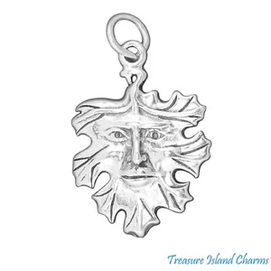 Celtic Green Man Face in Tree Leaf Wicca Pagan 925 Sterling Silver Charm Pendant - Picture 1 of 3