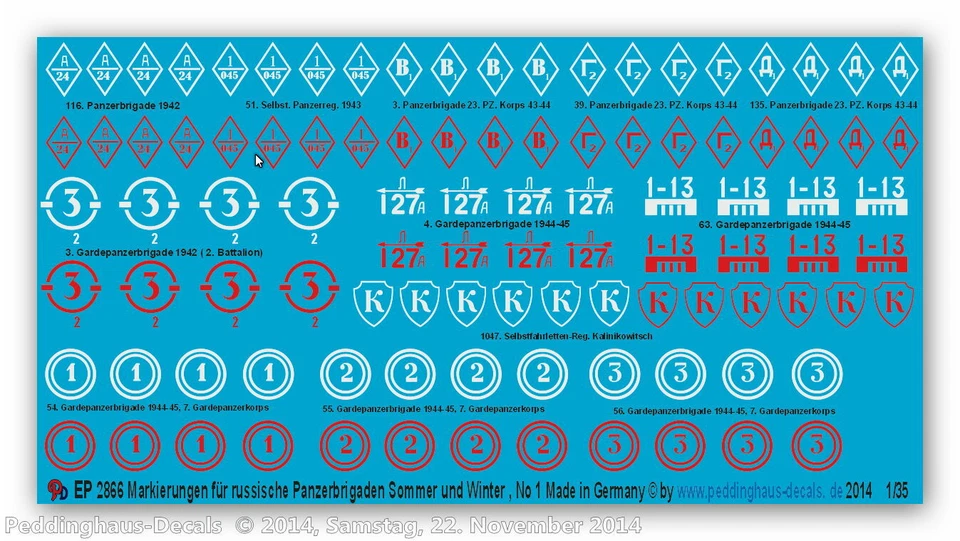 Decalcomanie Peddinghaus 1/35 2866 Marcature Di Brigate Corazzate Russe, Estate - Immagine 1 di 1