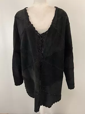 Vtg Jon Lawrence Black Suede Crochet Coat Sz 2X Plus  Y2K Whimsigoth  Patchwork - Image 1 of 4