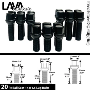20PC BLACK 14X1.5 BALL SEAT LUG BOLT 28/40/45MM SHANK FIT MERCEDES STOCK WHEEL - Picture 1 of 9