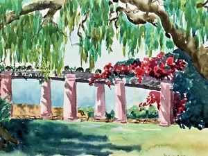 Vintage California Watercolor Painting Floral Arbor Presidio Park San Diego - Picture 1 of 8