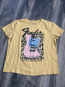 Fender T-shirt femme XL manches courtes guitare musique graphique jaune léopard
