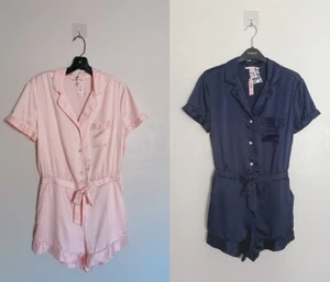 $60 Victorias Secret Satin Button-front Tie waist Romper PINK / NAVY S M L - Picture 1 of 20
