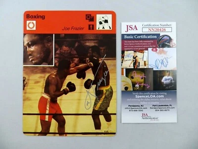 Tarjeta autógrafa firmada por Joe Frazier vs Ali 1977 Sportscaster Hof certificado de autenticidad JSA Foto 1 de 2