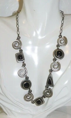 Spirale Geometrico Onice Nera Argento Opaco 17 " Catenina 8b 120 - Immagine 1 di 4