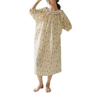 Women Puff Sleeve Nightgown Floral Bateau Neck Baggy Cute Cotton Lounge Dress - Picture 1 of 16