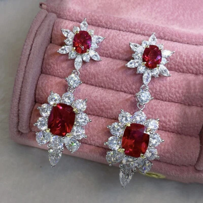New Luxury Red Garnet White Topaz Gemstone Women Silver Dangle Stud Earrings - Image 1 of 4