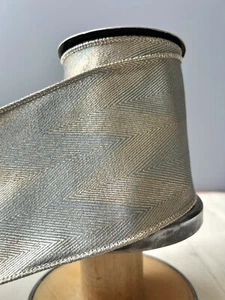 d. stevens Luxury Ribbon Gold And Chambray Blue Chevron Print 4" x 10 Yd Wired - Picture 1 of 3