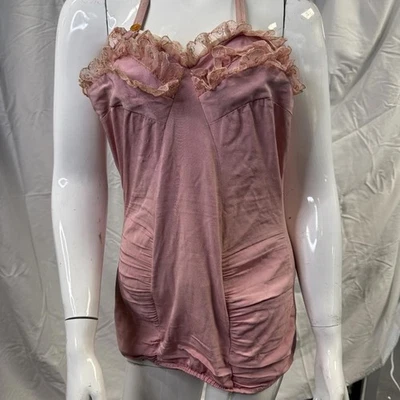 Traje de baño vintage años 50 Marco rosa acanalado de una pieza ribete de encaje talla 6 Foto 1 de 4
