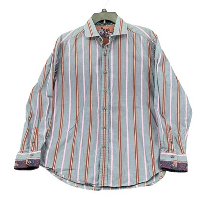 Рубашка мужская Robert Graham размер XL серая синяя полоса вышитые цветочные откидные манжеты - Изображение 1 из 4