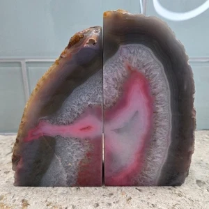 Vintage Natur Achat Geode Buchstützen Rosa Weiß Grau Scheibe Kristall Stein Dekor - Bild 1 von 8