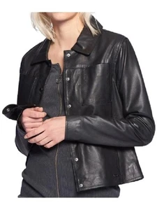 Leather Jacket Women Biker Vintage Shirt Womens L Motorcycle Lambskin Black 12 - Picture 1 of 4