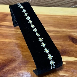 Vintage zartes silberfarben bemaltes weißes Gänseblümchen Blumen Tennis Armband Verlängerung - Bild 1 von 9