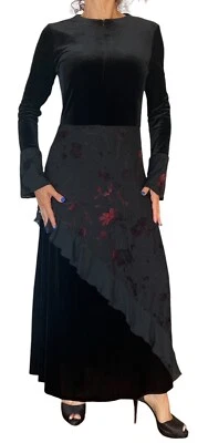 J. ADIRO 女式复古连衣裙黑色天鹅绒花卉哥特式长袖 MAXI XS — 第 1/4 张图片