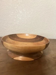 Vintage Handmade Maple and Cherry Wood 9” round Pedestal Bowl - Picture 1 of 7