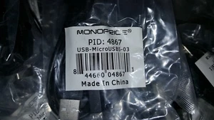 Monoprice 4867 USB-A to Micro B 2.0 Cable - 5-Pin, 28/28AWG, Black, 3ft - Picture 1 of 3