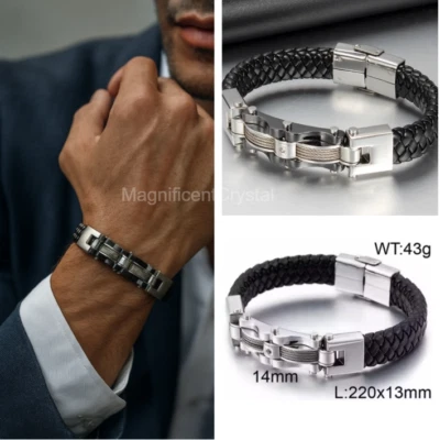 Black Braided Leather Silver Stainless Steel Cuban Link Bracelet Business Men - Image 1 of 4