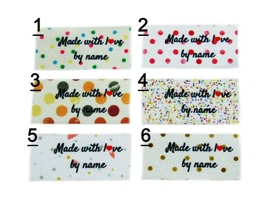 CAMBRIDGE PERSONALISED Personalisierte Kleideranhänger Tupfen Made With Love zum Einnähen Handarbeit Etiketten 40 x 25 mm