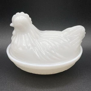 Vintage Hazel Atlas 5” White Milk Glass Hen on Nest Covered Trinket Dish Bowl - Picture 1 of 5