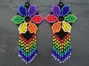 Tribal Earrings Native Large Boho American Seed Beads Handmade Earring - Picture 1 of 3