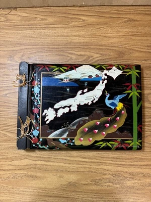 Vintage Japanese Photo Album Hand Painted Lacquer Mt Fuji Peacock Korea Japan - Image 1 of 4
