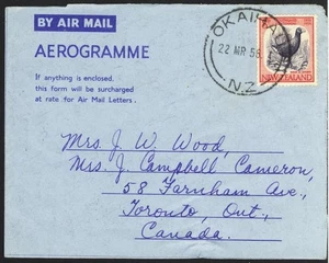 New Zealand to Canada OKAIHAU 8d Takahe Bird Aerogramme 1956 - Picture 1 of 1