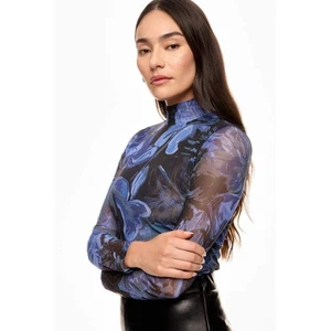 Prabal Gurung Abstrakt Blumen Mesh Rollkragen Top Langarm Blau Y2K Gr. M - Bild 1 von 13