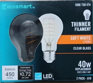 Ecosmart 40W A19 Daylight 5000k Thinner Filament Clear LED Bulb 2 Pack NEW - Picture 1 of 2