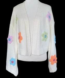 Pink Lily Medium White Open Front Cardigan Sweater Knit Floral Patches Boho - Picture 1 of 8
