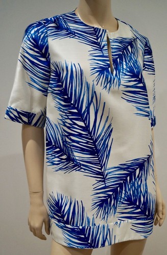 TORY BURCH Cream Blue Leaf Print Silk Round Neck Short Sleeve Tunic Top 10 UK14