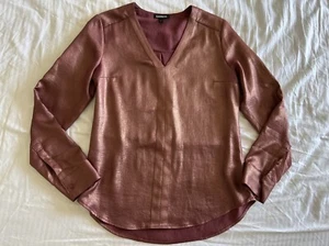 Express Damen Metallic Langarm V-Ausschnitt Bluse Top Shirt Rosegold Small Neu - Bild 1 von 12
