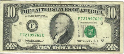 1995 10$ FRN - Small portrait w/ security thread - MEW/RER F72199762D - #15234 - Image 1 of 2